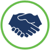 Onboarding & training - Sleepnet Corporation Handshake icon in a blue circle with a green ring, symbolizing partnership or agreement.