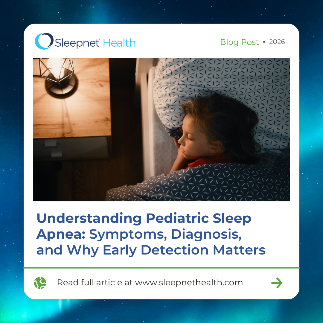 SLEEPAPNEAPEDS - Sleepnet Corporation Blog post card for Sleepnet Health showing a child sleeping in bed; article about pediatric sleep apnea.