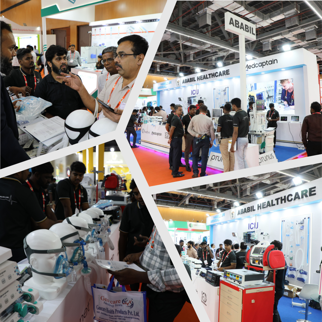 Sleepnet 2023 Blog Posts 10 - Sleepnet Corporation Collage from a medical trade show showing Ababil Healthcare booths with ICU equipment and attendees examining devices at the displays.