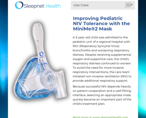 Article page featuring Sleepnet Health logo and a pediatric NIV MiniMe 2 mask on the left with a column of text about improving NIV tolerance for children on the right.