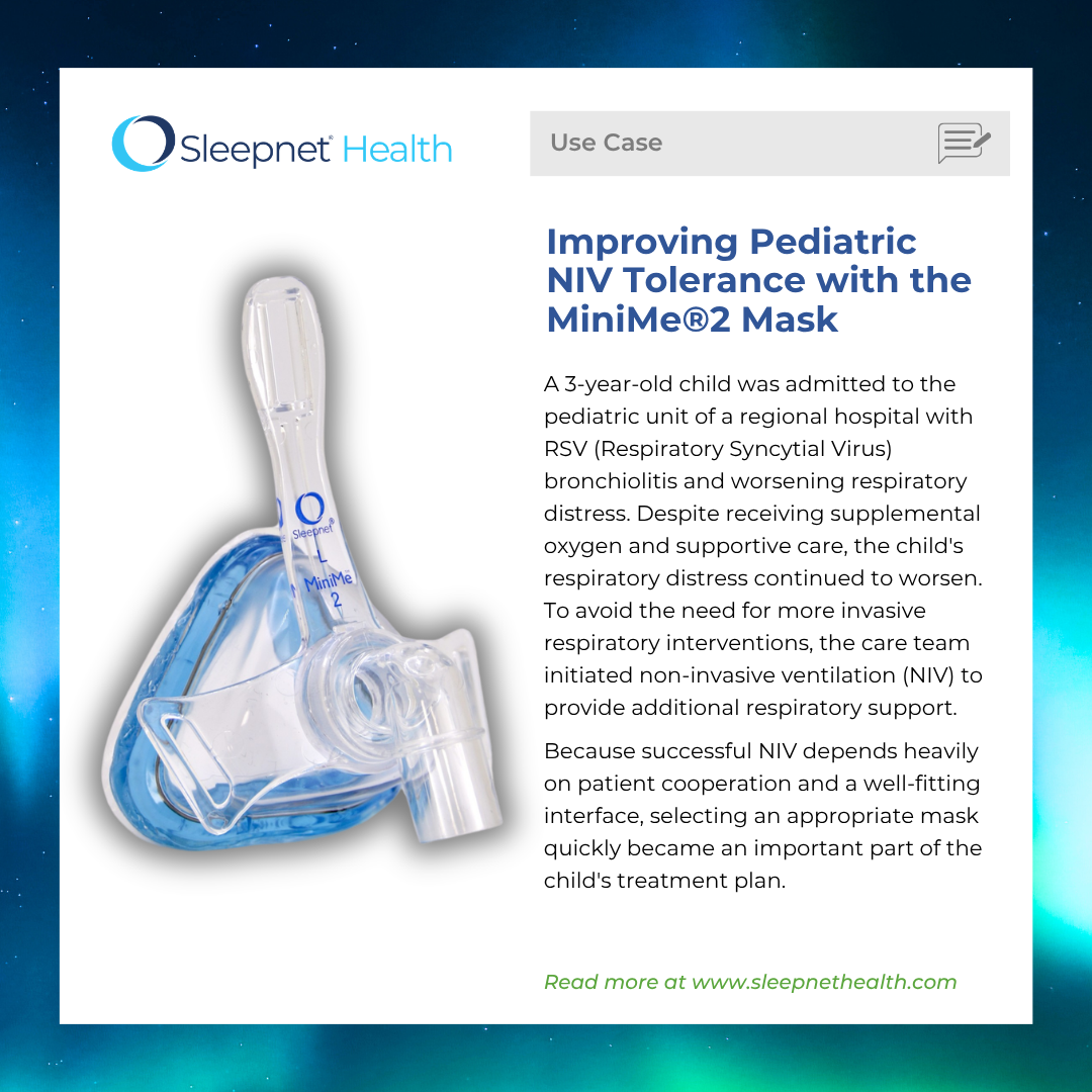 pediatricusecase2026 - Sleepnet Corporation Article page featuring Sleepnet Health logo and a pediatric NIV MiniMe 2 mask on the left with a column of text about improving NIV tolerance for children on the right.