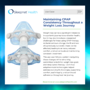 Sleepnet Health Use Case page with a CPAP mask on the left and a text panel about maintaining CPAP consistency during a weight‑loss journey.