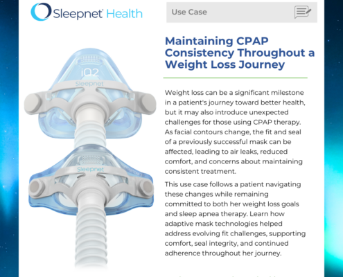 Sleepnet Health Use Case page with a CPAP mask on the left and a text panel about maintaining CPAP consistency during a weight‑loss journey.