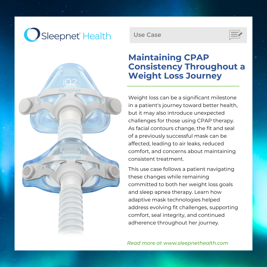weightlossusecase 2 - Sleepnet Corporation Sleepnet Health Use Case page with a CPAP mask on the left and a text panel about maintaining CPAP consistency during a weight‑loss journey.