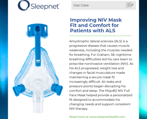 Informational article card featuring a blue full-face NIV mask on the left and the headline about improving NIV mask fit for ALS on the right.