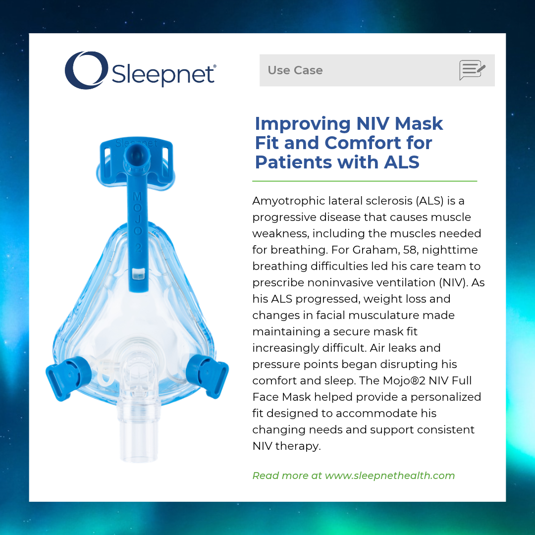 ALSUSeCase - Sleepnet Corporation Informational article card featuring a blue full-face NIV mask on the left and the headline about improving NIV mask fit for ALS on the right.