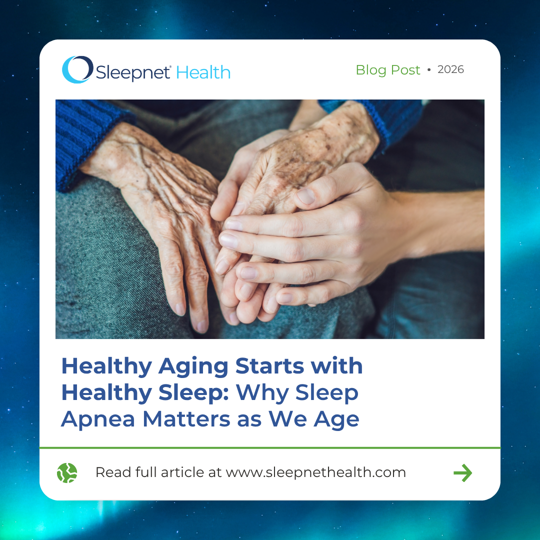 Blog card showing elderly hands held by younger hands; headline about healthy aging and sleep apnea.