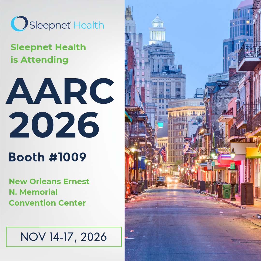 Poster announcing Sleepnet Health at AARC 2026, booth #1009, New Orleans convention center, Nov 14–17, 2026; left panel with logo and green text, right panel a city street photo.