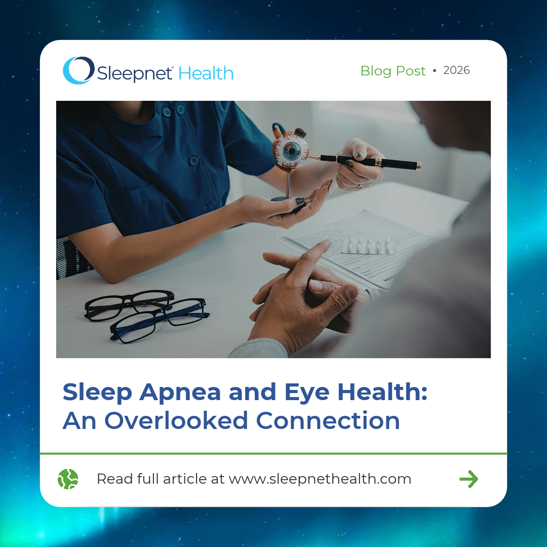 Promotional blog card for Sleepnet Health showing a clinician using an eye model during an exam; title 'Sleep Apnea and Eye Health: An Overlooked Connection'.